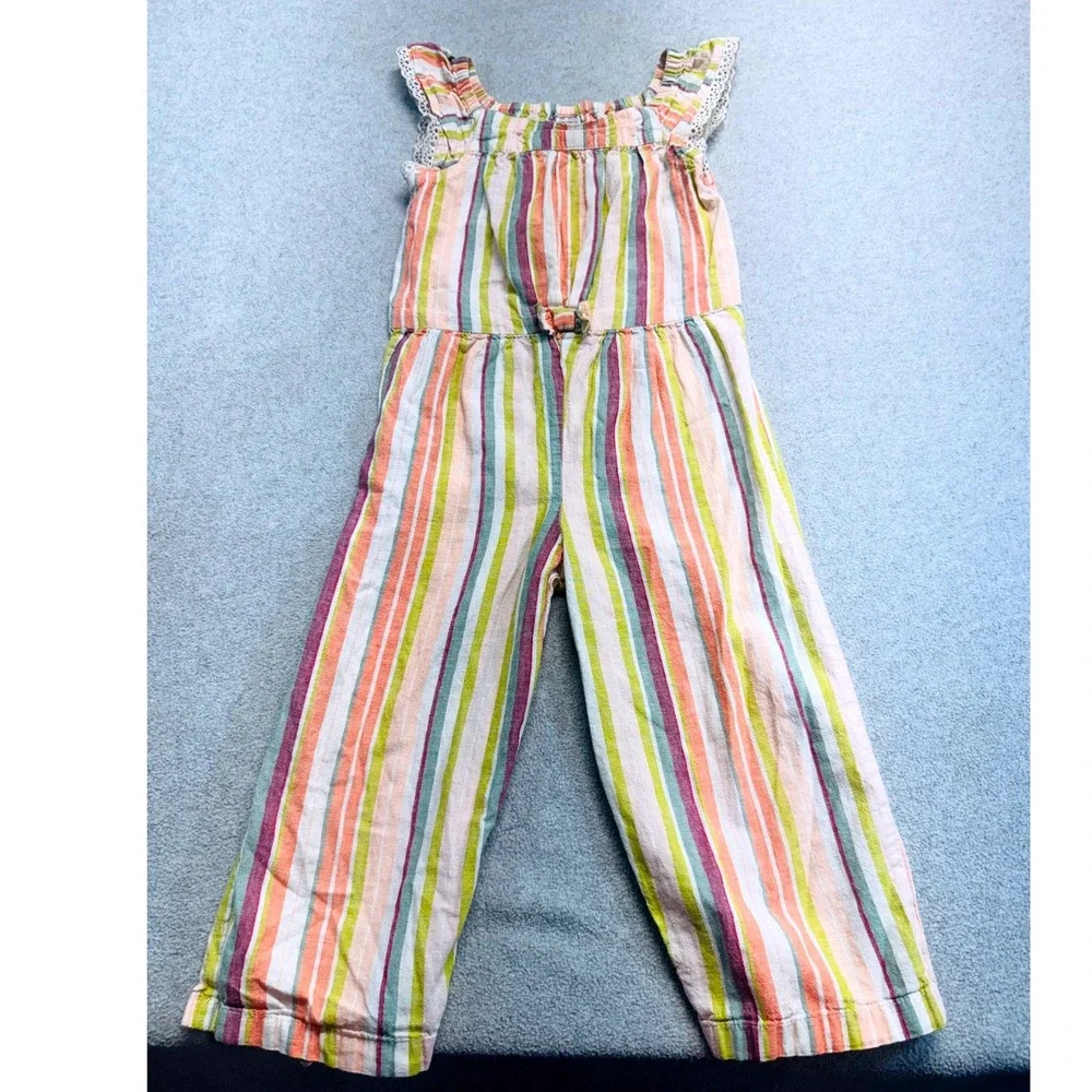 Carter's Girls 5T Striped Jumpsuit Rainbow Linen Blend Ruffle Sleeveless Romper